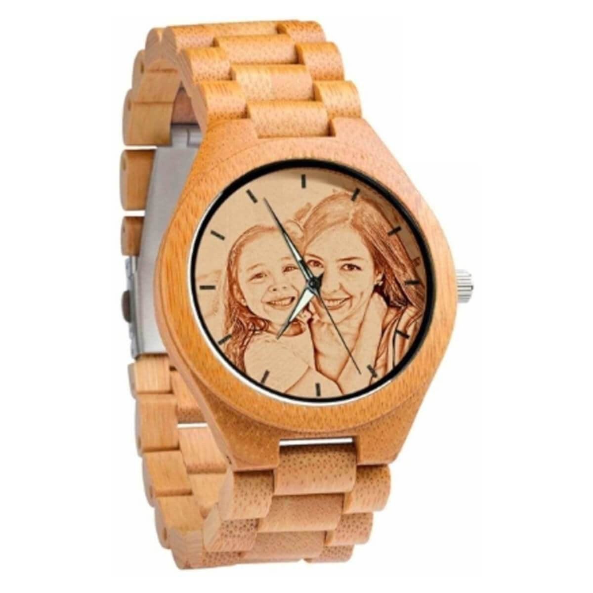 Women's Engraved Bamboo Photo Watch Wooden Leather Strap 40mm