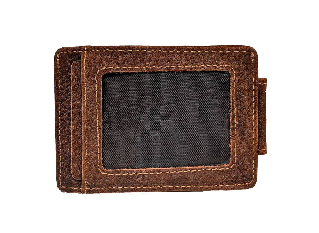 Money Clip Genuine Leather With ID Window - Brown - Dusty Saw